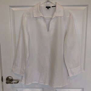 Talbots Irish Linen pull on top white long sleeve collared open split neckline.